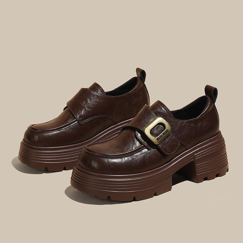 

Thick-soled retro women s autumn new round head thick heel small leather shoes Velcro high-heeled muffin single shoes 40
