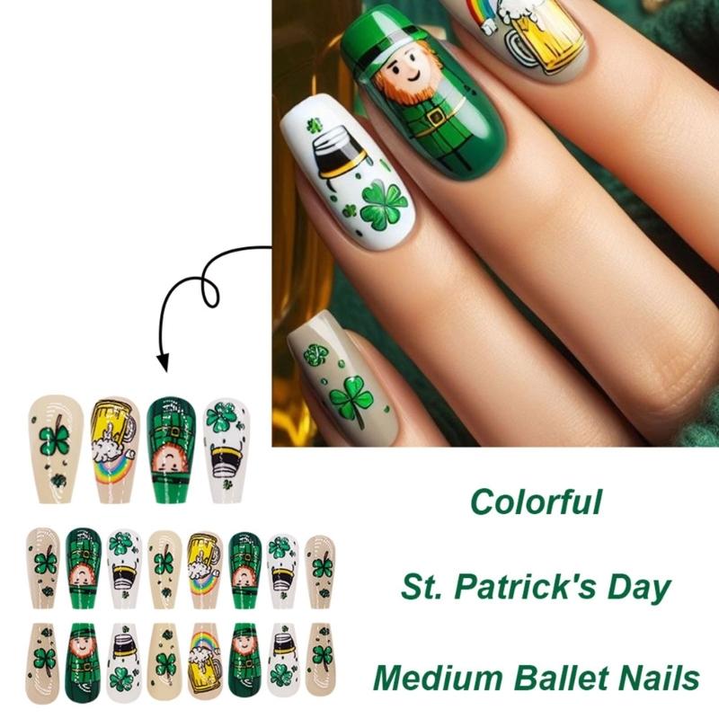 24 Pcs Saint Patricks Day Press On Nail Glossy False Nail Shamrocks Acrylic Nail Medium Ballerinas Stick on Nail