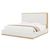 140x200 Upholstered Platform Bed, White + Natural Wood Tone