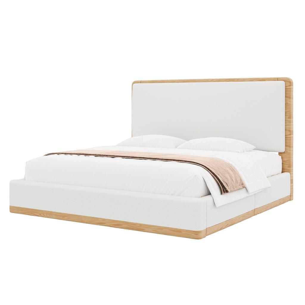 140x200 Upholstered Platform Bed, White + Natural Wood Tone