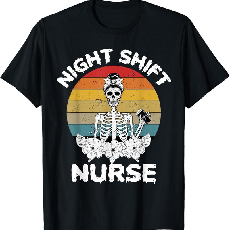 Funny Night Shift Nurse Skeleton Halloween RN Nurses Women T Shirt S разноцветный