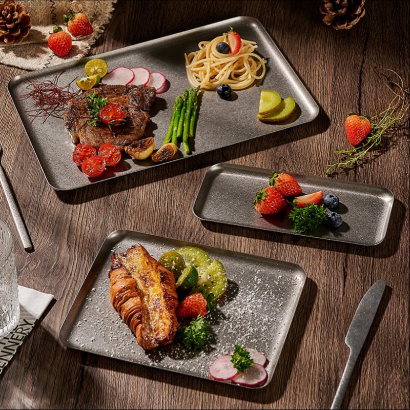 Vintage 304 Stainless Steel Snowflake Silver Square Tray Round Edge Dinner Plate Dessert Grill Tray Steak Plate Decorative Tray