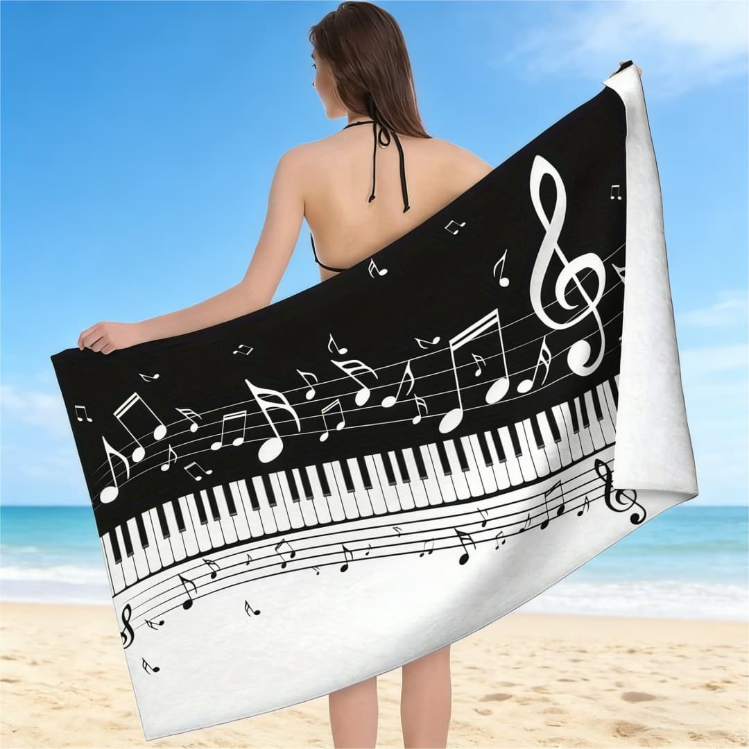 

Piano Keyboard Music Note Print Beach Towel Quick Dry Microfiber Sand Free Absorbent Washable for Pool Travel Summer W40*H60(CM)