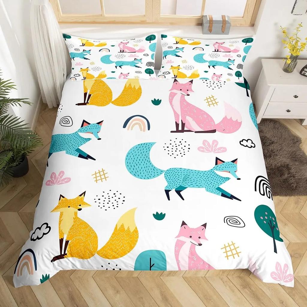 Cute Animals Duvet Cover Bear Hedgehog Bedding Set for Kids Boys Girls Pumpkin Mushroom Leaf Comforter Cover Autumn Quilt Cover