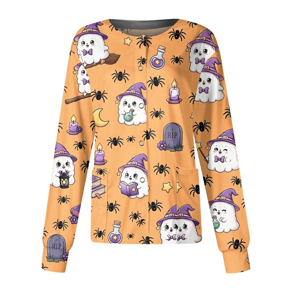 Women's Halloween Print Long Sleeve Button Front Cardigan for Costume Party and Casual Outwear