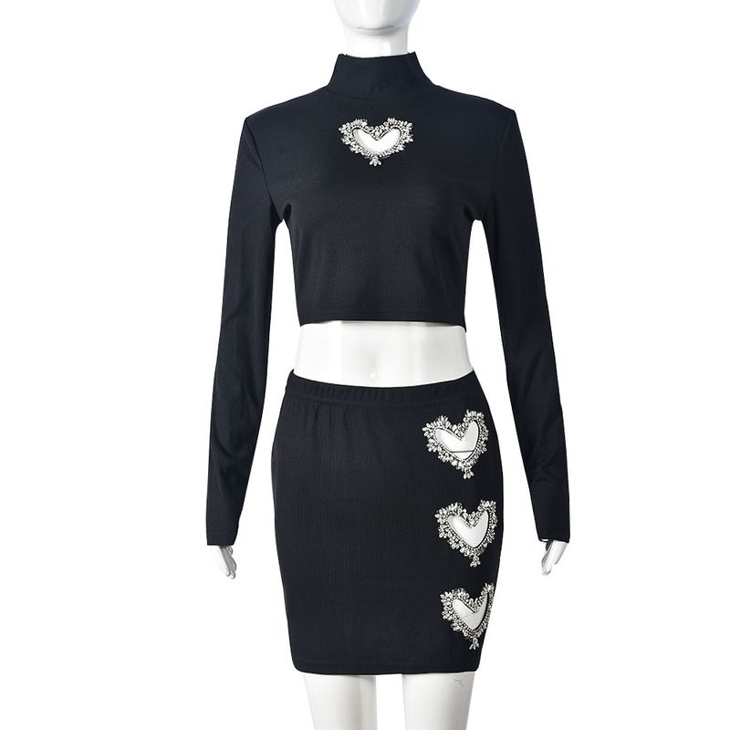 

Fashion Trendy Sexy Wind Heart Shape Rhinestone Cut Out Midriff-Baring Long Sleeve T-shirt Skirt Fashion Casual Skirt 9878 Suit Black(Stretch fabric can shoot a yard) L
