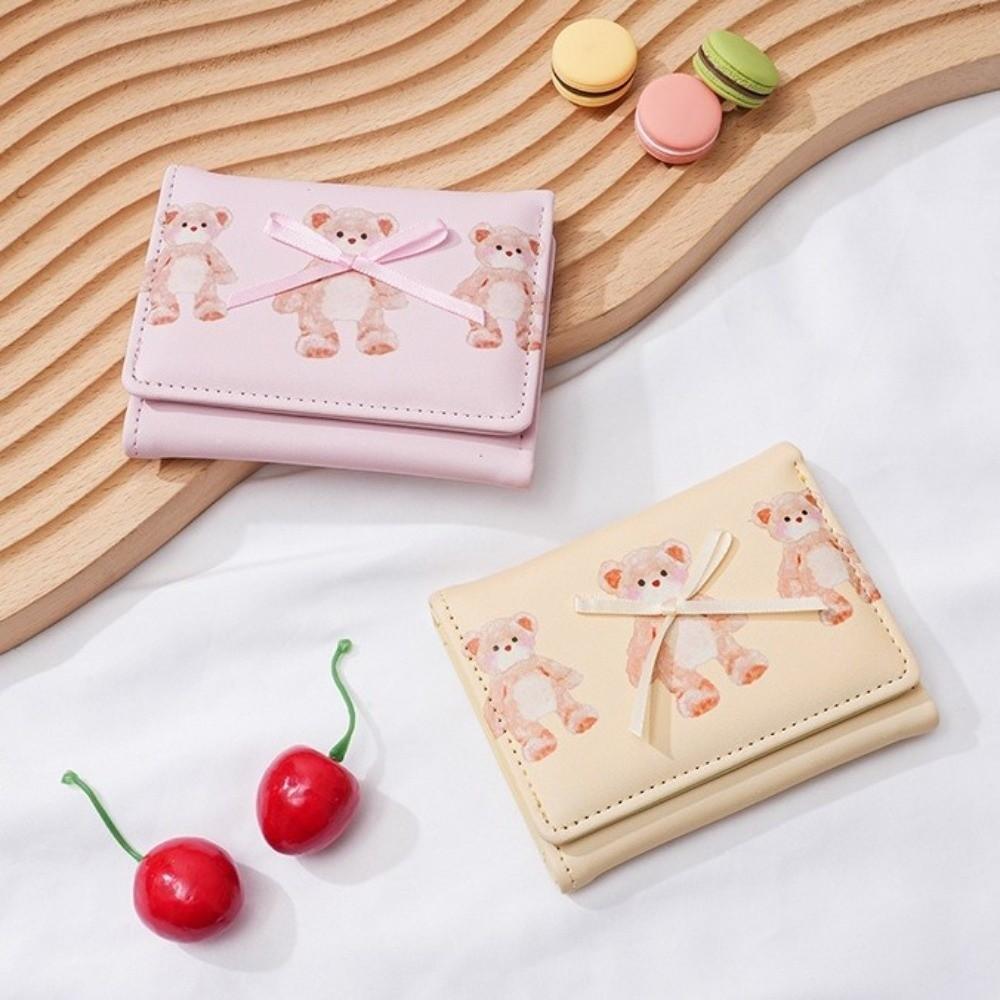 New Cute Bear Bow Coin Purse Portable Folding Credit Card Holder Multi-Slot Tri-fold Coin Pouch Girl