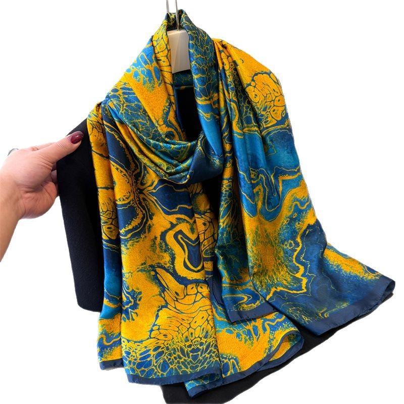 Spring And Summer Thin Printing Simulation Silk Brocade Sunscreen Blue Flower And Bird Silk Scarf Long Scarf Shawl Versatile Headscarf Scarf