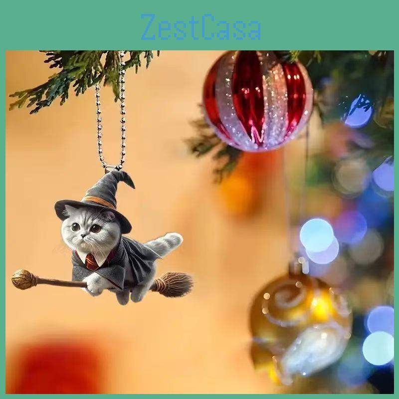 Riding Cute Broom Magic Cat Pattern Acrylic Pendant Car Accessories Decoration