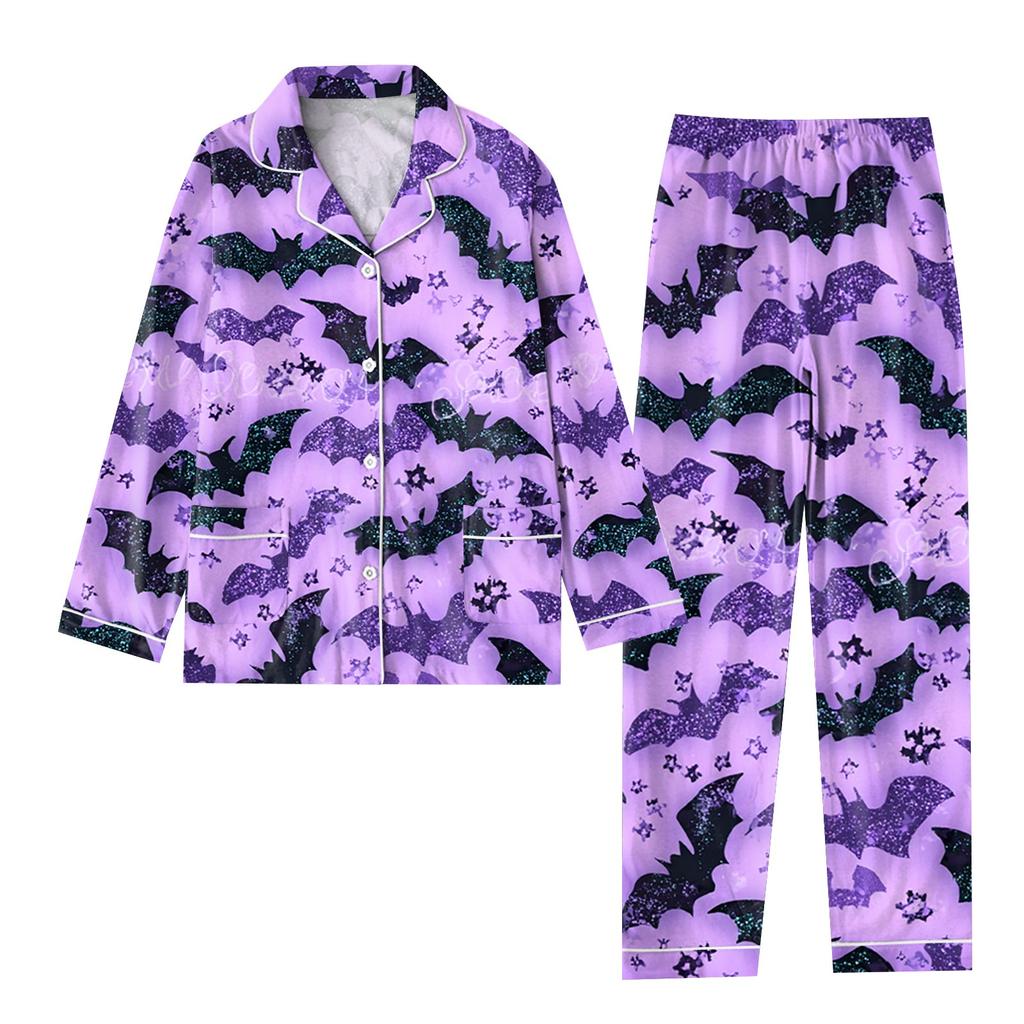 2-teiliger bedruckter Damen-Anzug, langärmelig, Oberteil mit Knopfleiste, weite Hosen, Anzug-Set, Schlafanzug, Home-Casual-Anzug