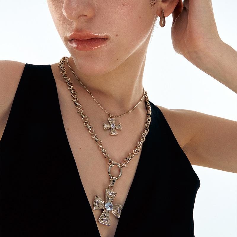 Heavy Industry Light Luxury Retro Stacked Cross Necklace Spice Girl Punk Style Multi-layer Versatile Gold Clavicle Chain