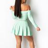 Women Long Sleeve Set Solid Color Casual Outfit Strapless Pleated Skirt Suit