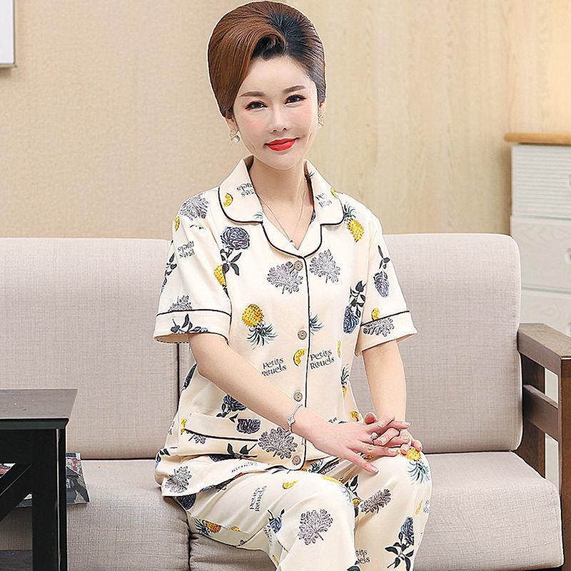 Summer cotton pajamas women's short-sleeved trousers middle-aged women's plus-size cardigan set thin loungewear