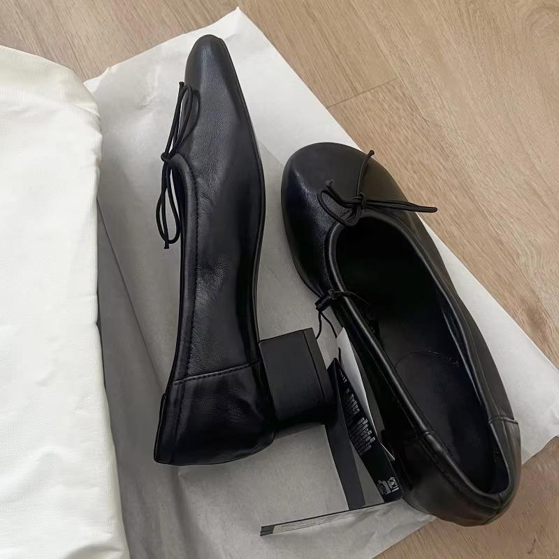 Elegant Bowknot Ballerina High Heels Women's Flat Round Toe Comfort Slip-On Ladies Loafers Leather Single Shoes