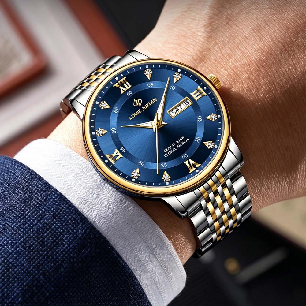 LOUIE JUELEN New Men's Quartz Watch Diamond-Set Dial Dual Date Windows Business Watch Luminous Scratch-Resistant Men's Watch