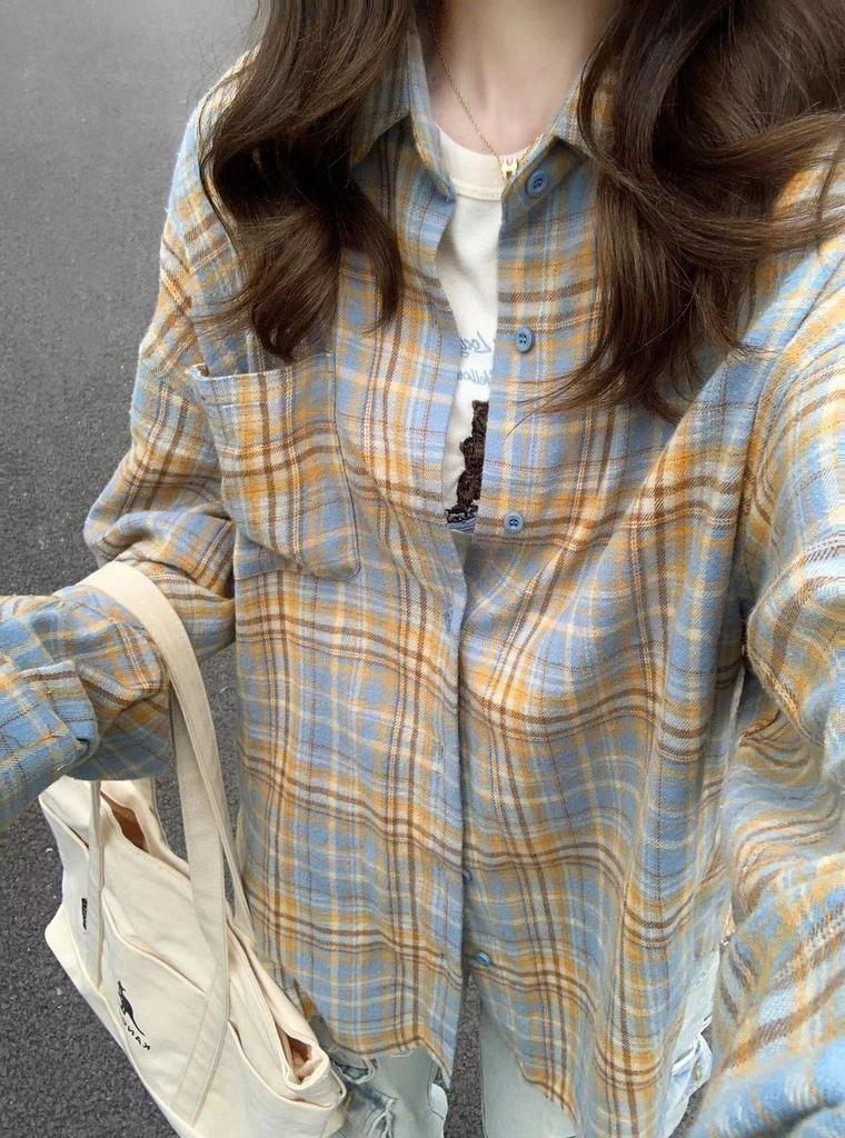 American Spice Girl Vintage Plaid Long Sleeve Red Shirt Women's Spring and Autumn Pure Desire Lazy Plaid Top Jacket Tide