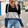Ladies' Fashionable And Comfortable Color Blocked Hollow Out Low Round Neck Loose Long Sleeved Top