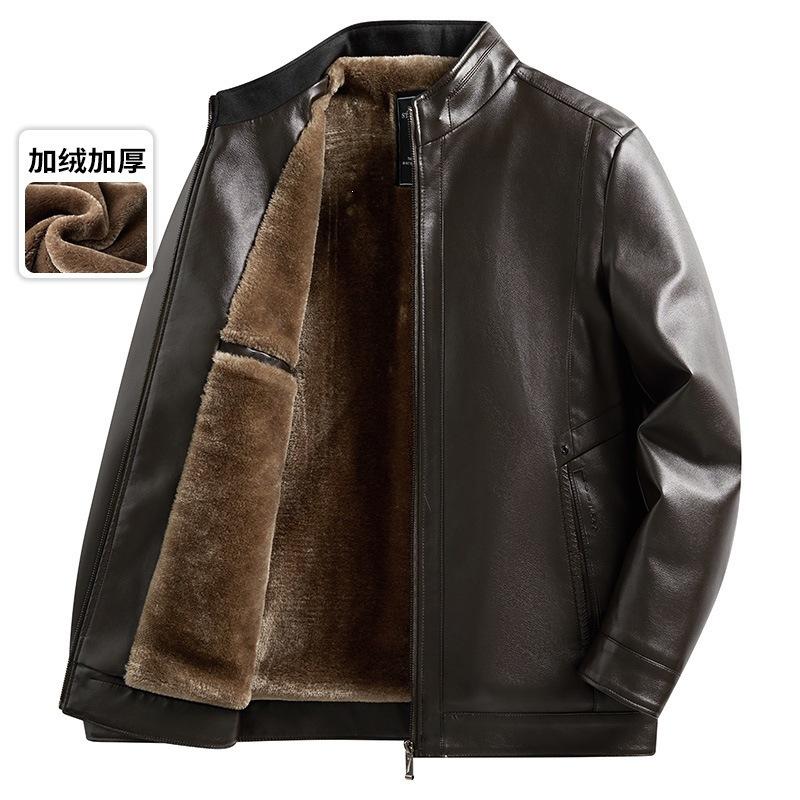 Autumn and winter velvet thickened leather jacket middle-aged and elderly men's stand-up collar casual leather jacket warm winter dad leather jacket