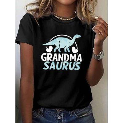 Hearts GRANDMA SAURUS Aufdruck T-Shirt, Kurzarm Rundhals Lässiges Oberteil für Sommer & Frühling, Damenbekleidung