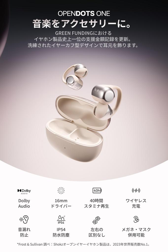 Shokz OpenDots ONE Ear Cuff Wireless Earphones, Open-Ear Earphones [Dolby Audio Compatible / 40 Hours Total Playback / Sound Leakage Suppression Techn