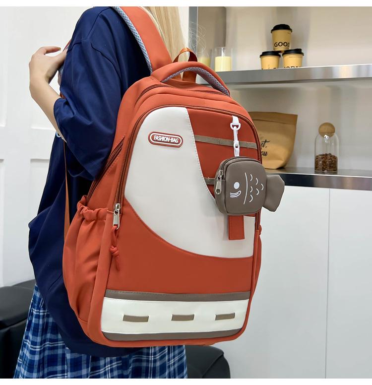 Large Capacity Color Block Student Backpack with Small Fish Pocket - Wear-Resistant Casual Design