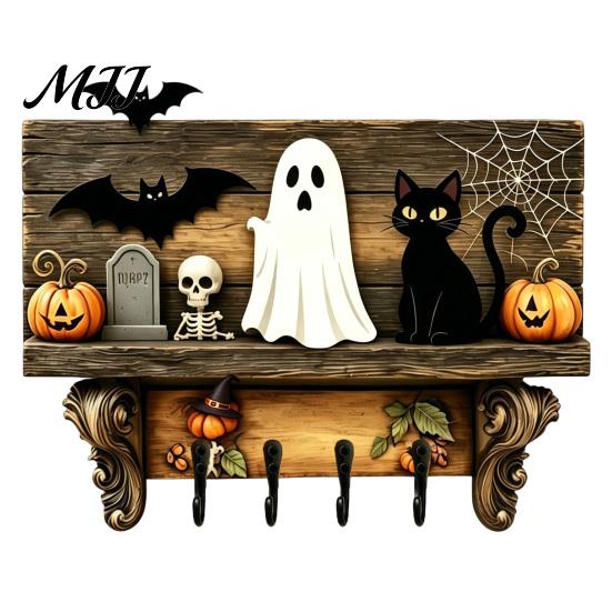 Lightweight Wooden Ghost Decor Halloween Key Holder, Lady Holder with 4 Hooks, Wall Entryway Organizer Rack Mounted Spooky for Hallway Home