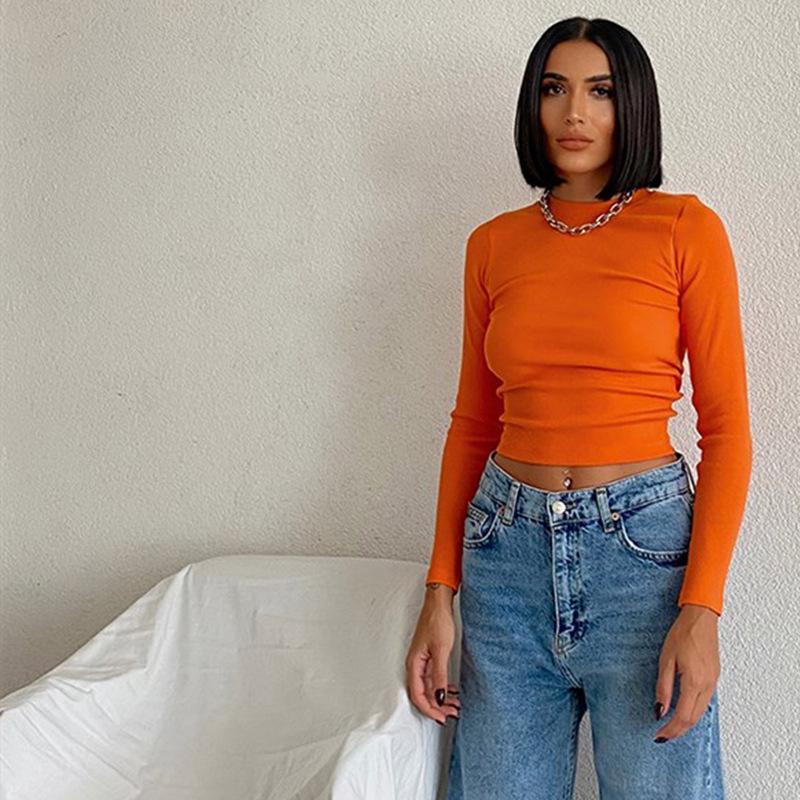 Ribbed Neck T Shirt Green Women Spring Ladies Clothes Solid Slim Mesh Sexy Cropped Long Sleeve Tops