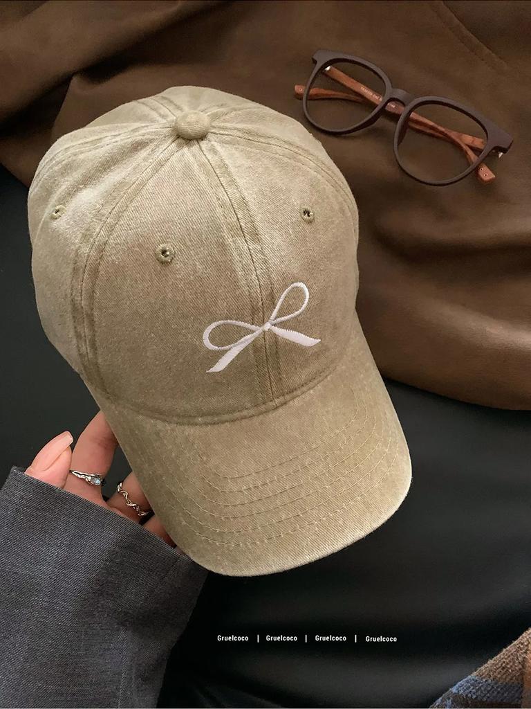 Retro washed old bow embroidered baseball hat for women in spring summer large brim plain faced duckbill cap Men