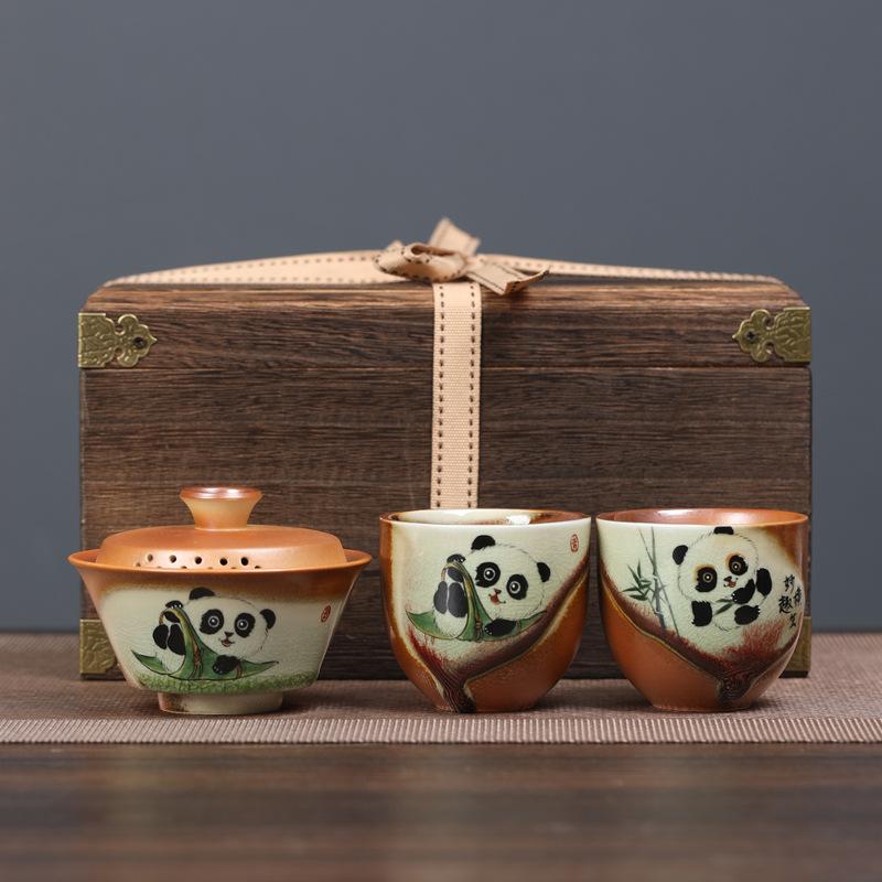 

Hand-painted panda tea set, light luxury outdoor travel ceramics, one pot and two cups, gifts for public relations when the company opens