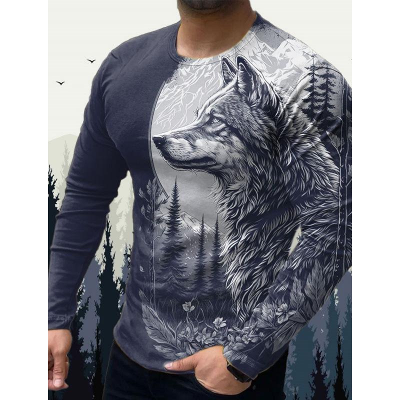 Herren Langarm T-Shirt Tier Tiger Wolf 3D Digitaldruck Bequem Übergröße Personalisiert Modisch Herbst Winter Langarm T-Shirt