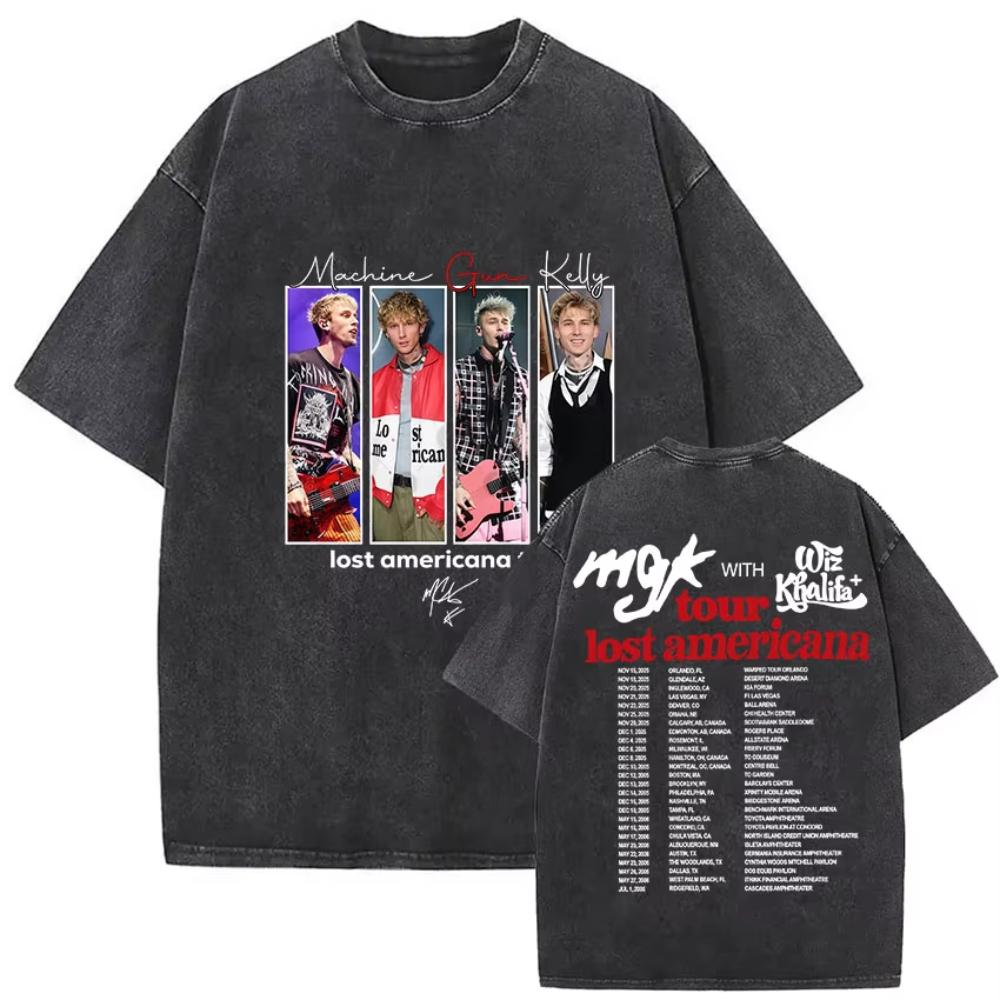 Vintage Washed MGK Lost Americana Tour Print Tshirts Men Women Harajuku High Quality Fashion Oversized Cotton T Shirt