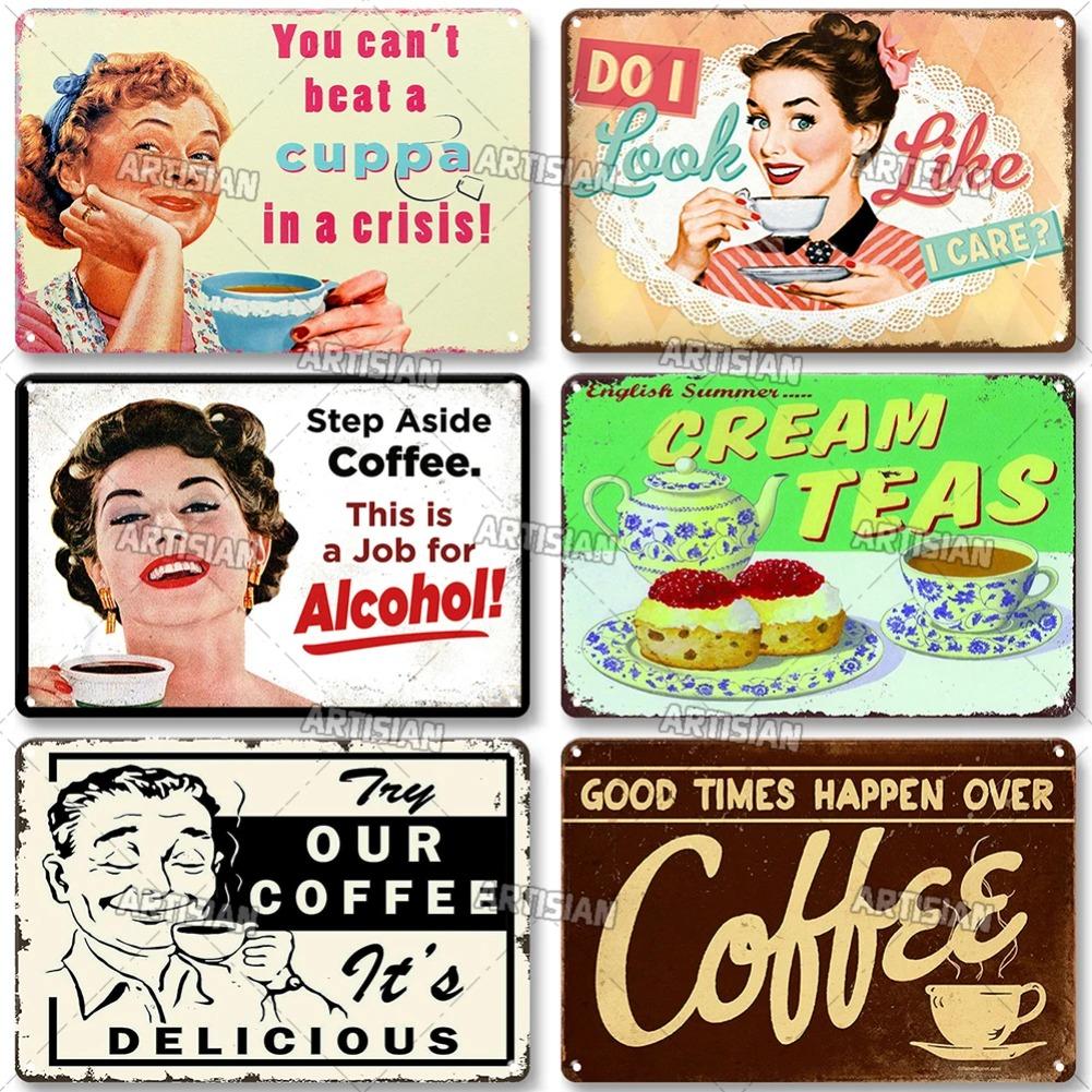 Vintage Coffee Metal Tin Sign 1pc - Retro Tea Time Poster, Decorative Plate, Industrial Wall Decor for Home/Bar/Cafe