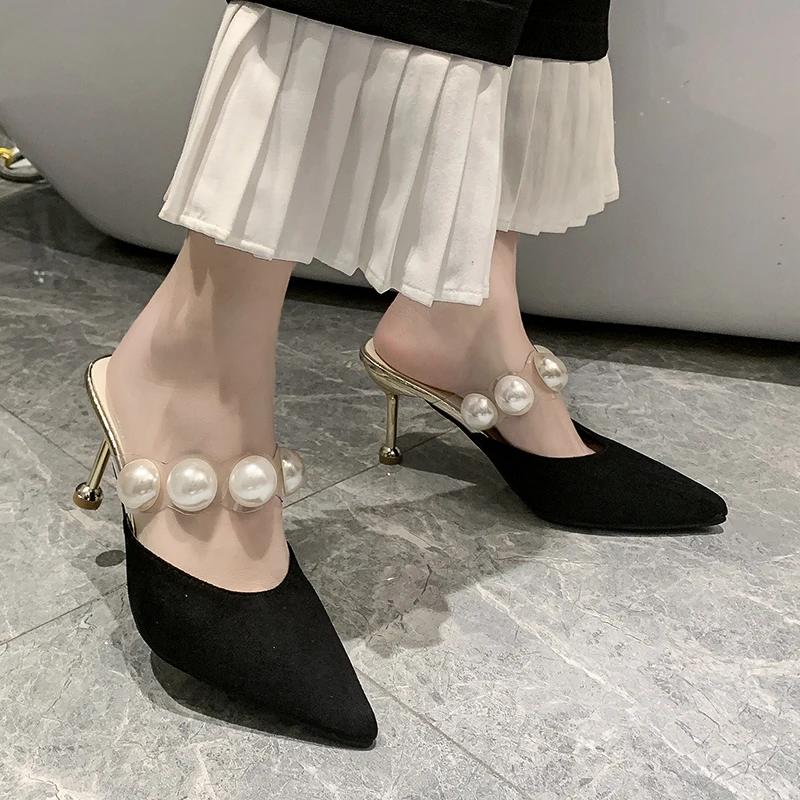 Fashion Pearl Black Sandals Women Summer Slippers Thin Heels 2025 Outdoor High Heels Pointed Toe Mules