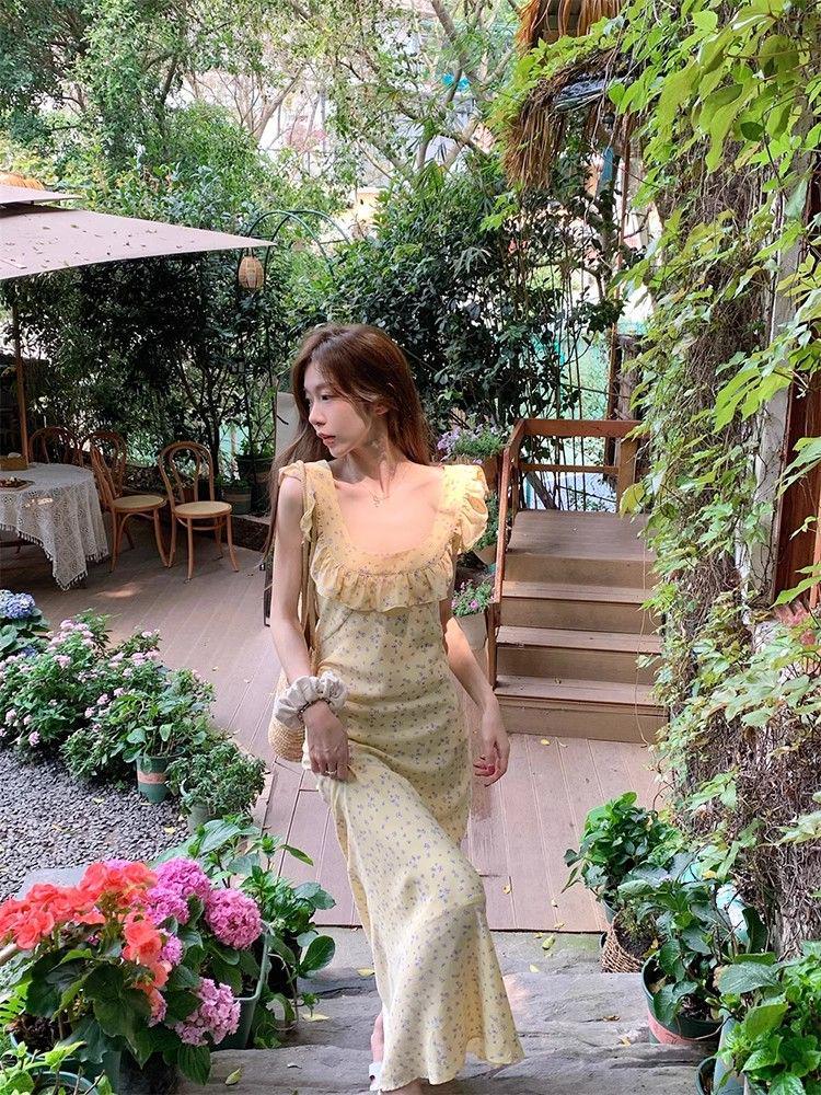 French Girl Floral Ruffle Midi Dress - Sexy Slim Lace Spaghetti Strap Summer Vacation Dress