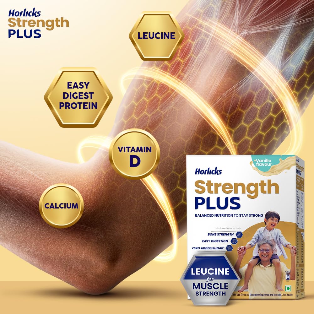 Horlicks Strength Plus Vanilla Powder 350g High Protein High Fibre Balanced Nutrition for Adults