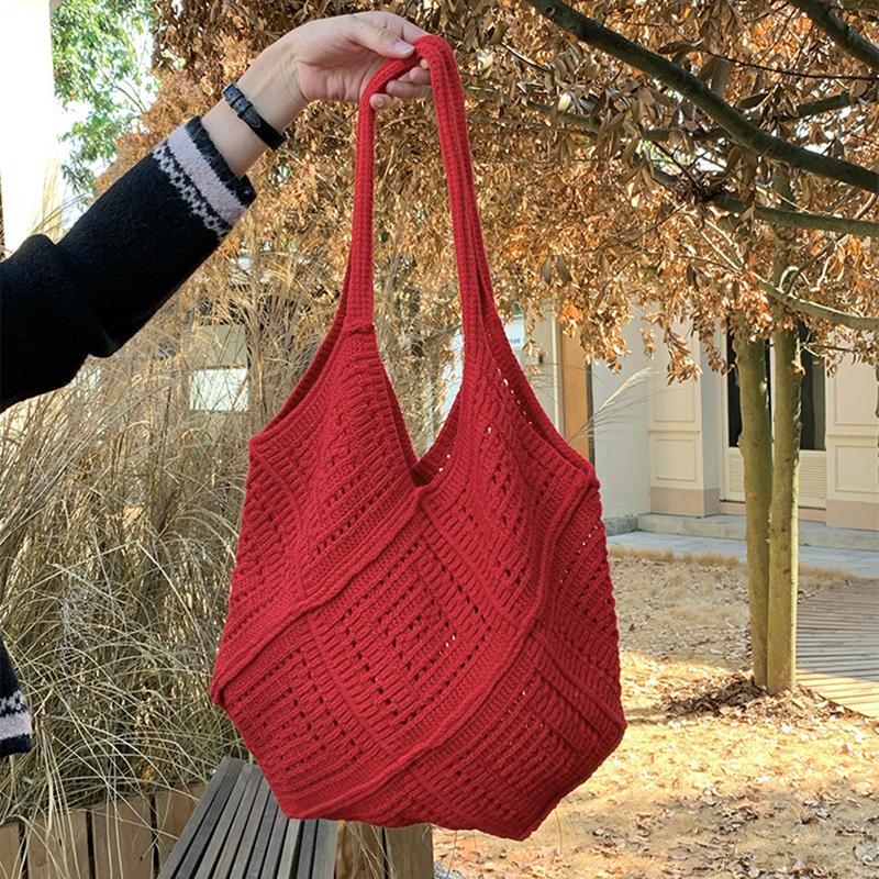 Eleagnt Beach Vacation Knitted Hollow Out Shoulde Bag Handbag Women's Fashion Bucket Soft Crochet Tote Bag KTB