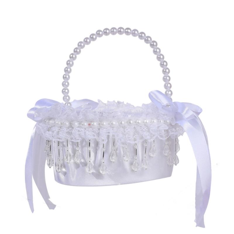 Elegant Crystal Pearls Tassels Basket For Wedding Party Decorations Handcrafted Floral Container With Silk Fabric
