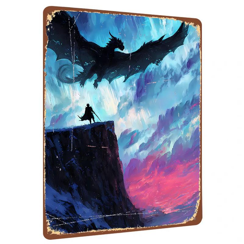 

Fantasy Black Dragon and Warrior Confrontation Scene Metal Iron Painting Home Wall Decor Hanging Art 20x30cm（7.8x11.8inch）