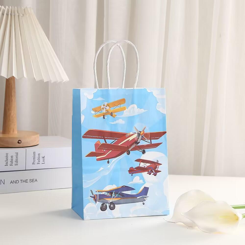 12/30pcs Airplane Party Favor Gift Bags Kraft Paper Tote Bags for Kids Birthday Gift Packaging Shopping Bags 12pcs&15x8x21cm