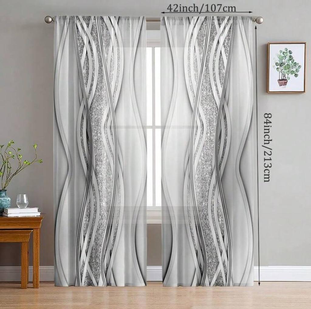 2 Pieces - Silver-gray Line Pattern Printed Curtains   Bedroom and Living Room   Home Decoration   Room Decoration