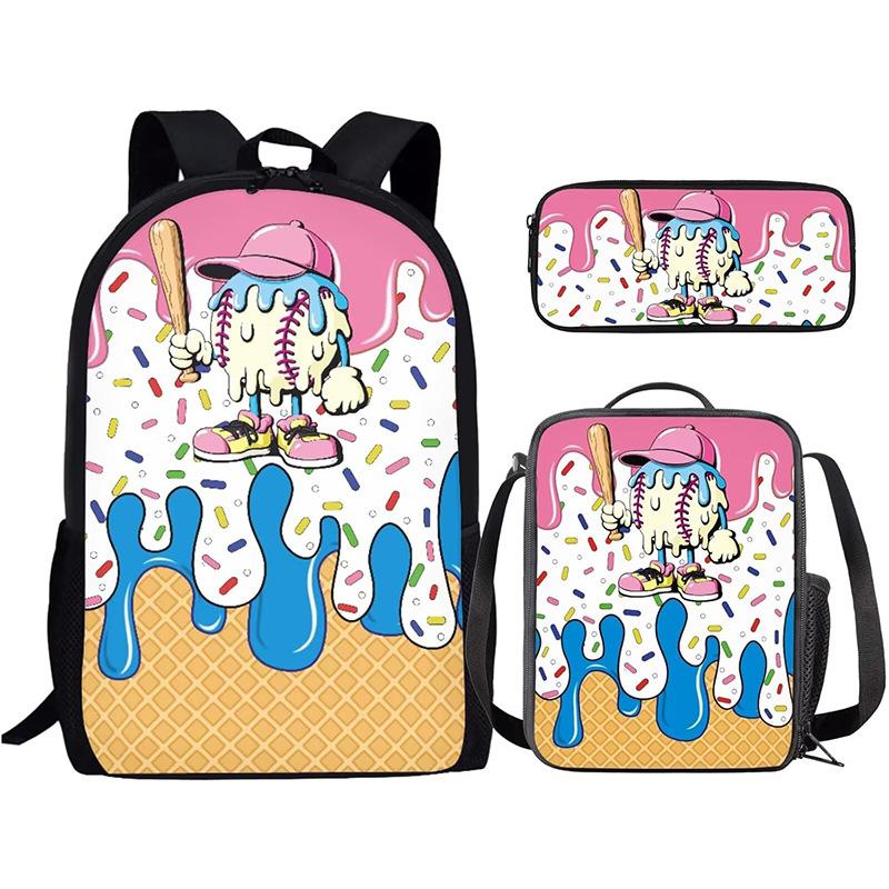 School Backpack Set 3 in 1 Large Capacity Cartoon Print Bookbag with Lunch Bag and Pencil Case for Boys Girls Students