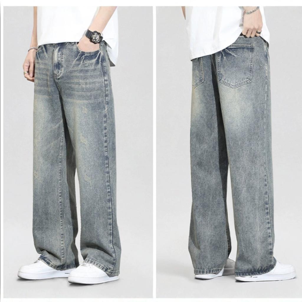 Summer new yellow mud American high street washed retro men's straight and thin straight jeans