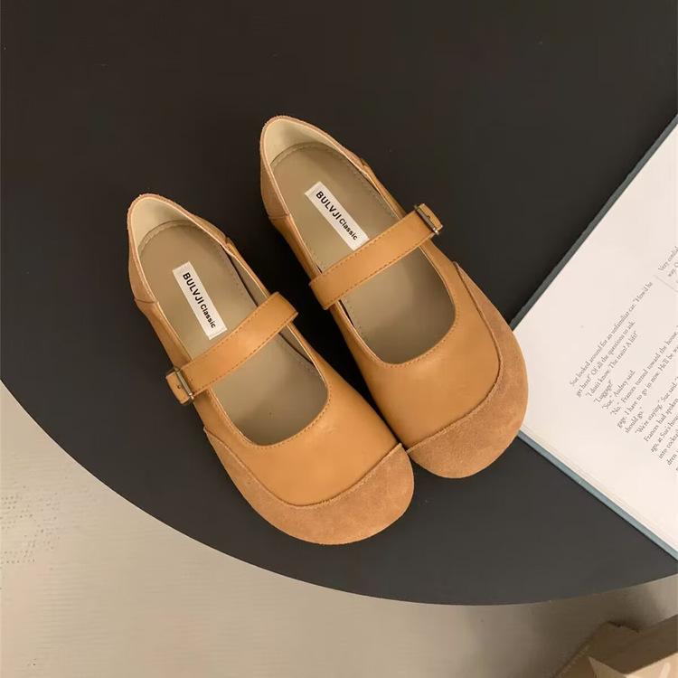 Soft leather version~ French milk camel round head matte ballet Boken shoes women wear soft-soled fairy Mary Jane single shoes