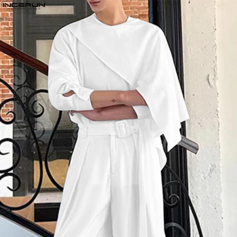 INCERUN S-5XL Men Round Neck Layers Long Sleeve Solid Casual Shirts Tops