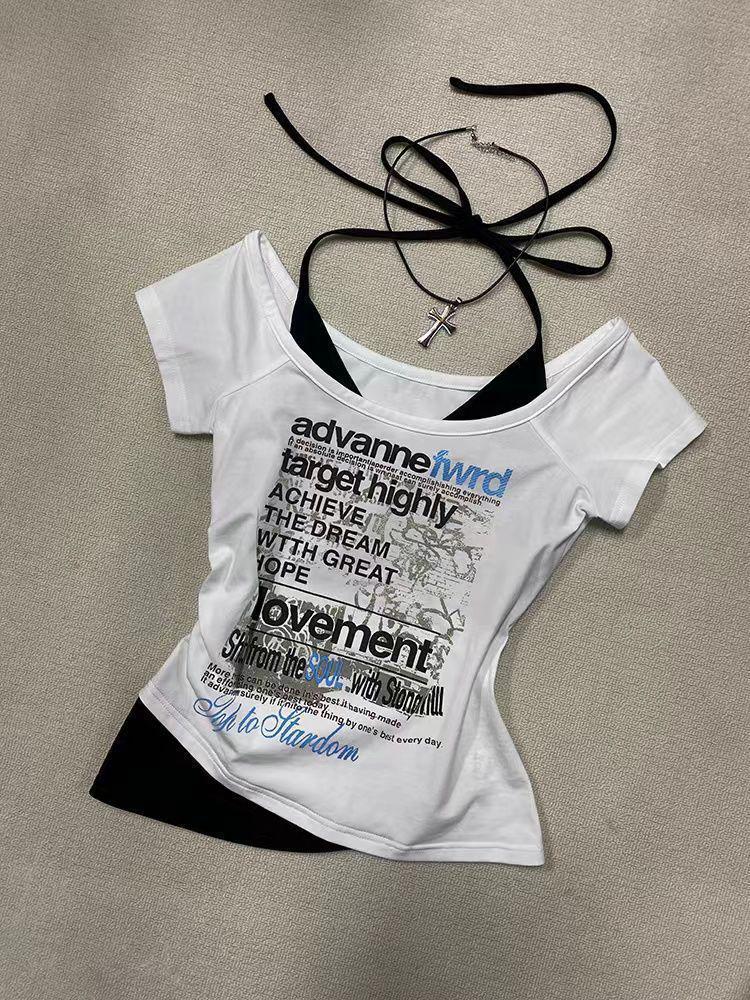 Sweet & Spicy Halter Neck Short Sleeve Crop Top: 2025 Summer New Two-Piece Illusion Design