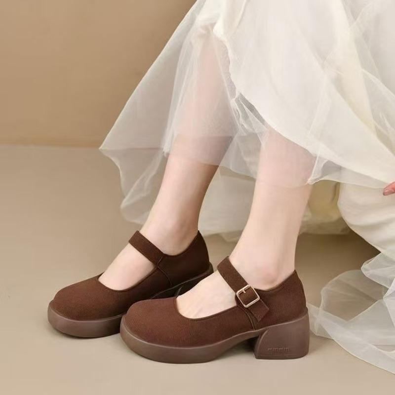 Retro Chunky Heel Women's Soft-soled Anti-slip Thick Sole Breathable Round-toe Versatile Shoes