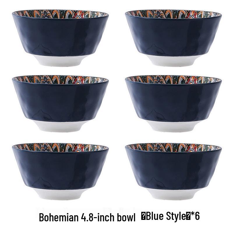 Bohemian Ceramic Rice Bowl Set - High-Temp Resistant, Colorful Underglaze Design
