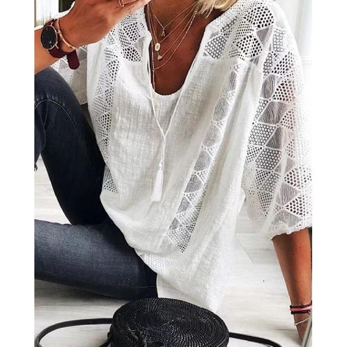 2026 Spring New Women s Lace Hollow-Out Patchwork U-Neck Three-Quarter Sleeve T-Shirt Top S белый