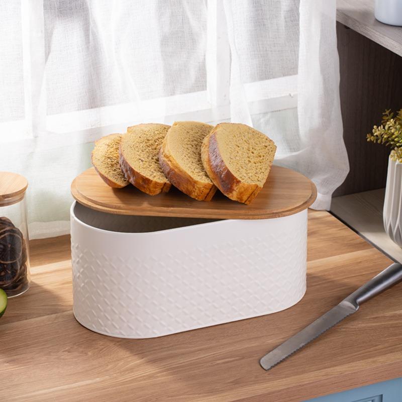 Bamboo Cover Bread Box, Kitchen Food Breathable and Fresh Storage Box, Household Pattern Oval Metal Storage Tank