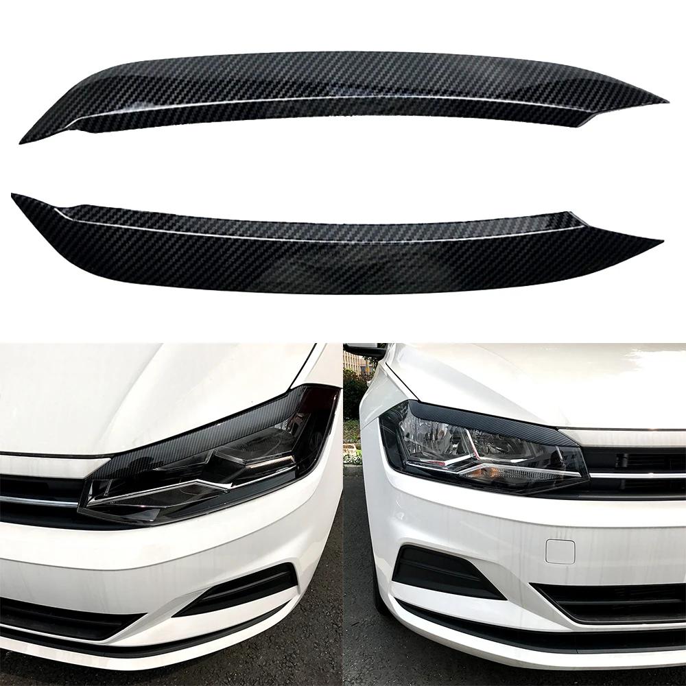 For VW Polo 2019 2020 Car Styling Headlight Lamp Eyebrow Eyelid Molding Trim Lid Cover ABS Carbon Fiber Look 2Pcs Accessories